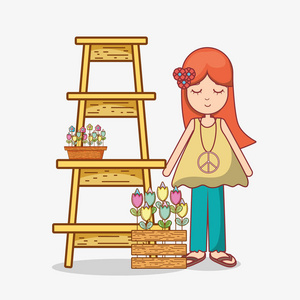 嬉皮士妇女架子花园艺卡通矢量插图平面设计照片