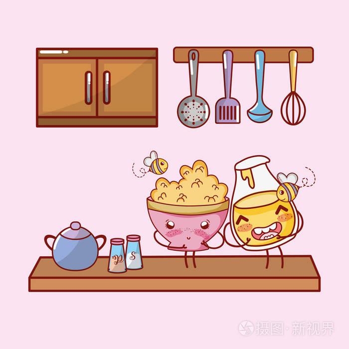 厨房架子厨具和配料图标卡通卡瓦伊可爱卡通