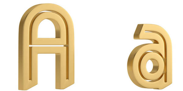 金金属字母表孤立在白色背景3D插图。