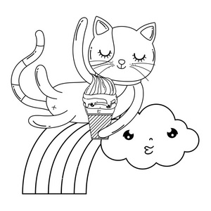 带冰淇淋的可爱猫彩虹矢量插图设计