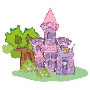 小仙女与怪物在城堡矢量插图设计