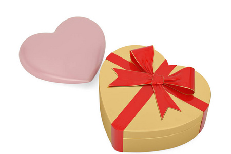 礼物情人节盒子和白色背景上的心。 三维插图。