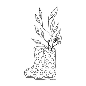 园丁靴子橡胶与叶子矢量插图设计