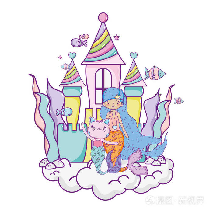 可爱的伴娘和美人鱼与城堡矢量插图设计插画-正版商用图片1796qi-摄图
