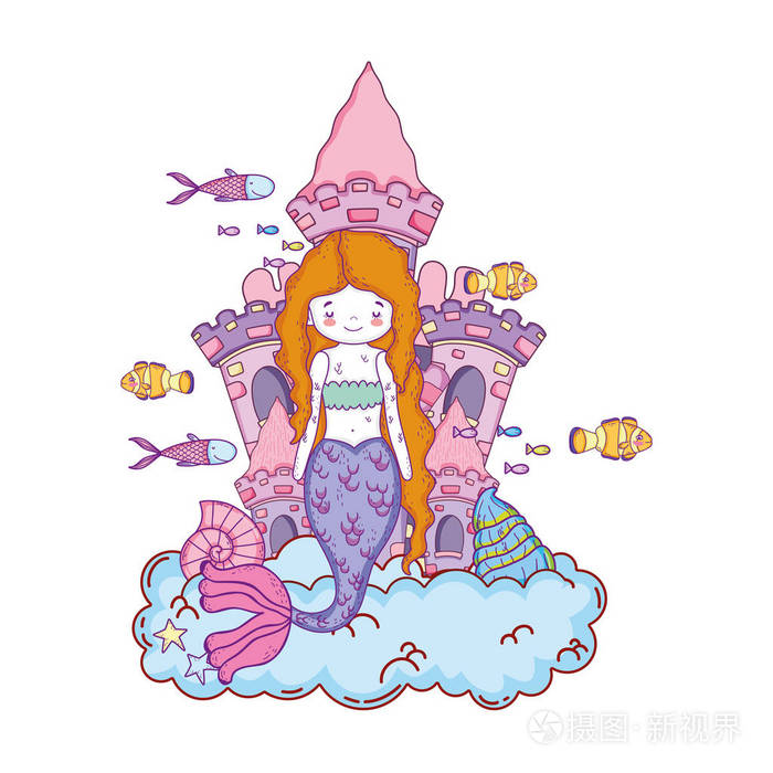 美人鱼与城堡海底场景矢量图设计