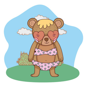 可爱的小熊带心太阳镜在营地矢量插图
