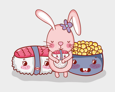 兔子和日本食物可爱的Kawaii漫画