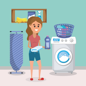 带家电的洗衣间女人卡通矢量插图平面设计照片