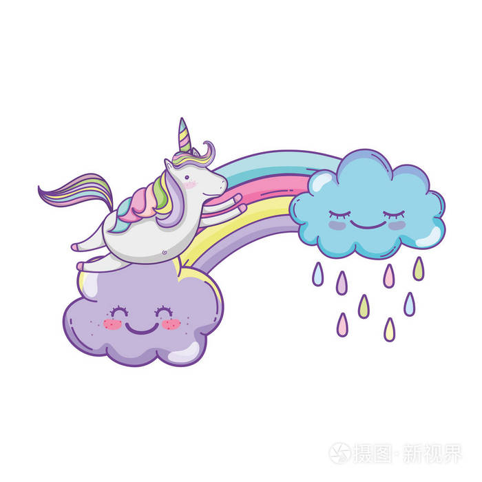 独角兽在云上飞翔,彩虹可爱的卡通矢量插图,平面设计