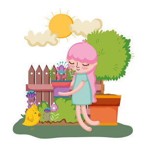 小女孩用树和小鸡的矢量插图设计提升家庭植物