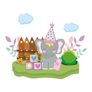 可爱的小象带派对帽子矢量插图设计