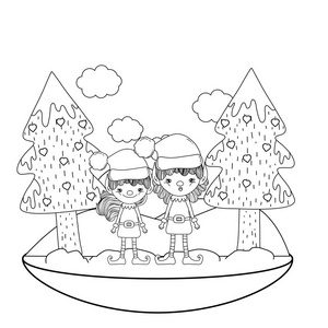可爱的圣诞老人帮手夫妇在雪景矢量插图设计。