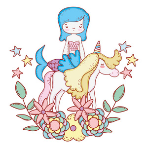 动态花卉美图可爱的美人鱼与独角兽,花卉装饰矢量插图照片