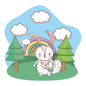 可爱的小兔子和步行者在公园矢量插图设计。
