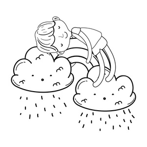 白日梦印度美国原住民女孩与捕梦网的卡通年轻的商人坐在笔记本电脑