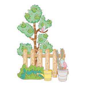 带栅栏和灌木的树木植物矢量图设计