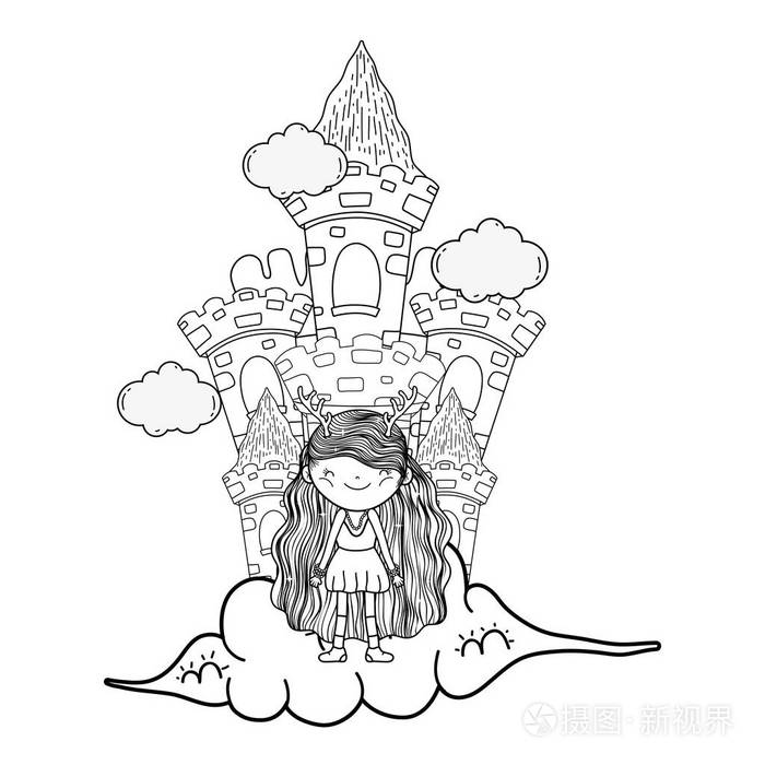 可爱的小仙女与城堡在云矢量插图设计