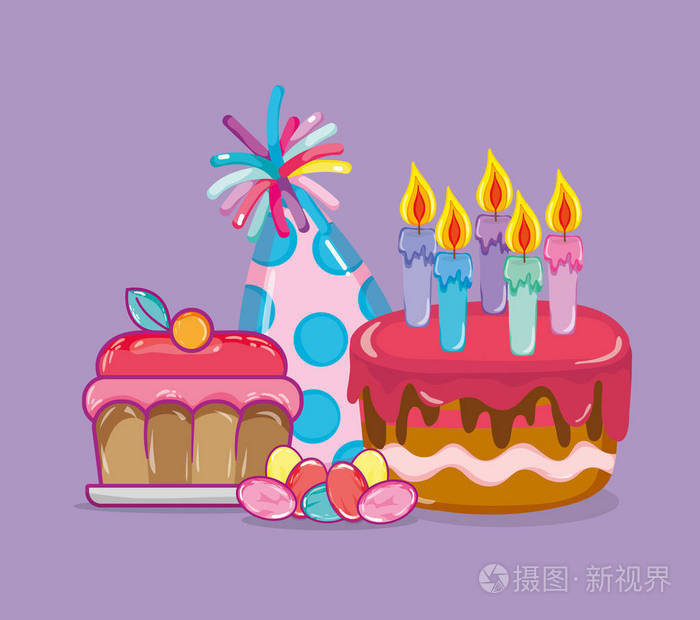 生日庆祝和糖果卡通矢量插图平面设计