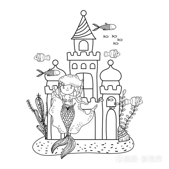 美人鱼与城堡海底场景矢量图设计