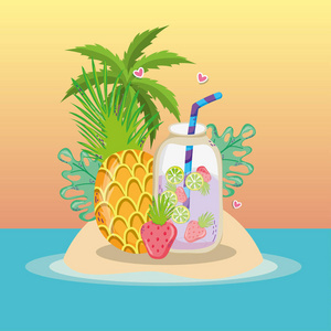 热带海滩风景主题与鸡尾酒饮料和元素矢量插图平面设计