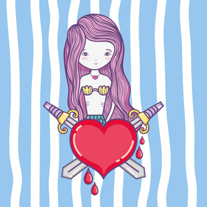 可爱的美人鱼，有心脏和剑在条纹背景卡通矢量插图图形设计