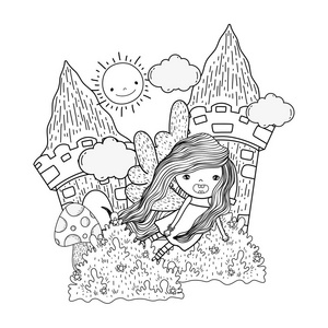 可爱的小仙女与城堡在景观矢量插图设计