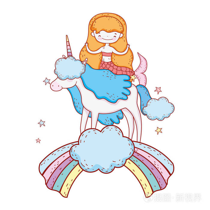 带独角兽和彩虹的美人鱼云矢量图设计