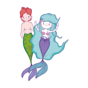 情侣美人鱼童话人物矢量插图设计照片