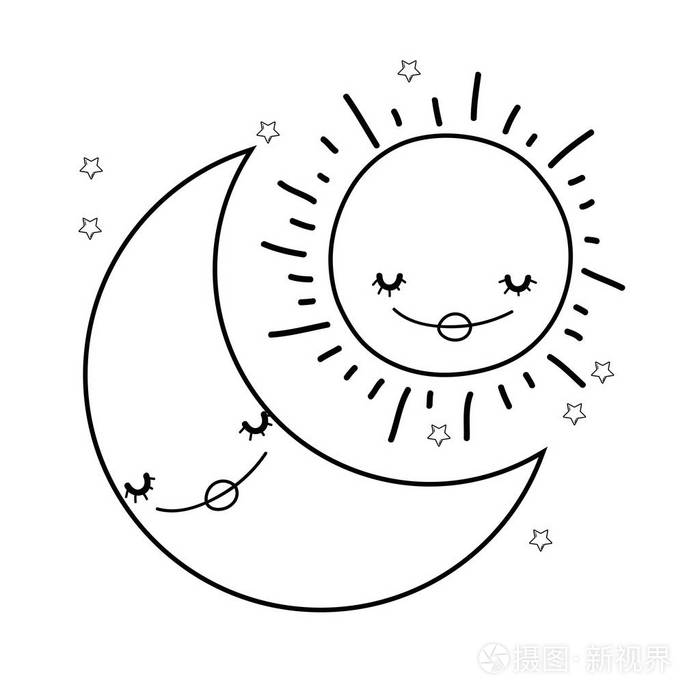 月亮和太阳微笑可爱卡通矢量图平面设计插画-正版商用图片1798d6-摄图
