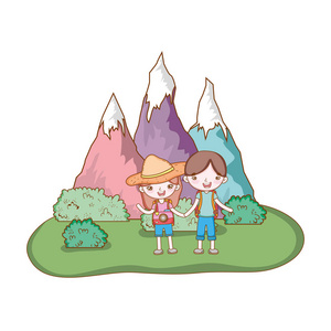 旅行者生态旅游夫妇与雪山和灌木矢量插图平面设计