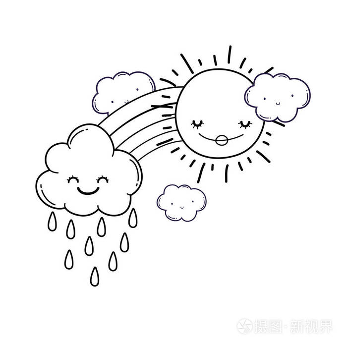 云彩和彩虹带着微笑的太阳可爱的卡通矢量插图平面设计插画-正版商用