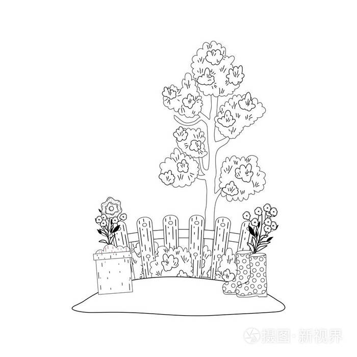 篱笆矢量图设计的乔木植物插画-正版商用图片1798mx-摄图新视界