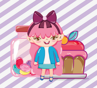 女孩带糖果瓶和蛋糕卡通矢量图平面设计