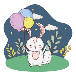 小兔子带气球氦在公园矢量插图设计