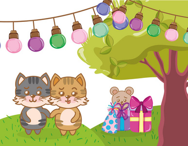 生日派对可爱猫漫画矢量插图平面设计