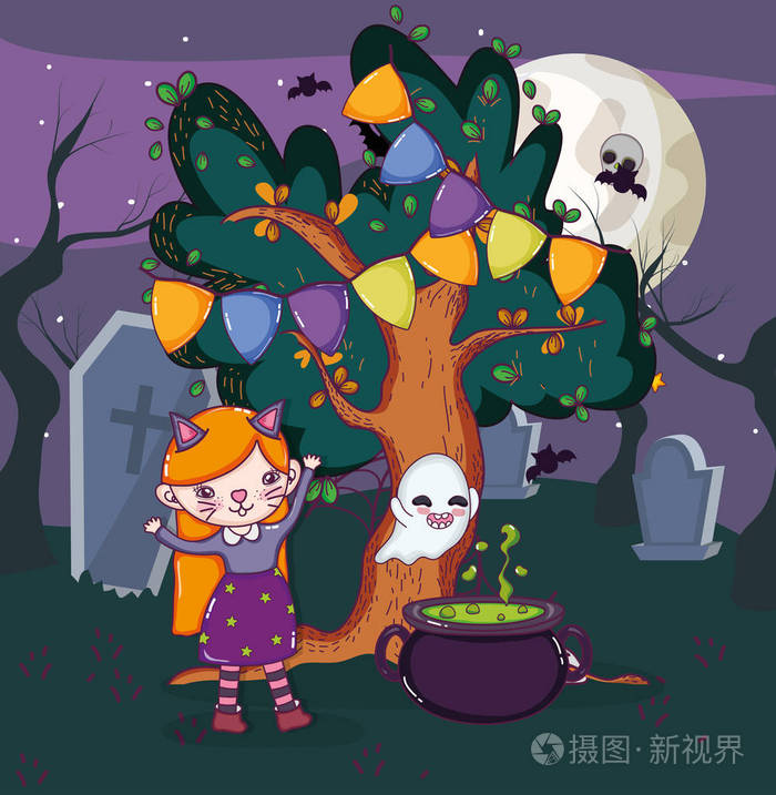 万圣节庆祝之夜,女孩猫服装卡通矢量插图平面设计
