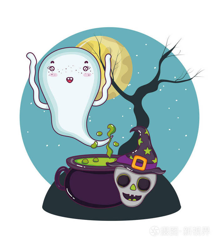 万圣节之夜,鬼魂在墓地飞翔,卡通矢量插图,平面设计