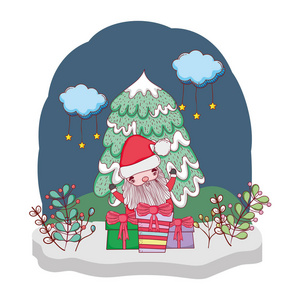 圣诞老人与礼物在雪景矢量插图设计