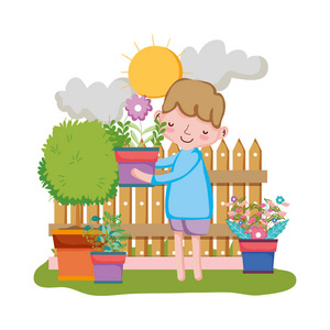 男孩在花园里用篱笆吊起房子，矢量插图设计