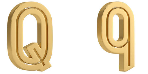 在白色背景3D插图上分离的金金属Q字母表。