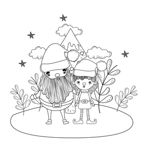 圣诞老人与树和助手在雪景矢量插图。