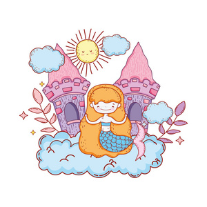 可爱的美人鱼与城堡云矢量插图设计照片