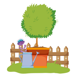 花园喷头与室内植物在公园矢量插图设计
