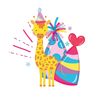 可爱的小长颈鹿与派对帽子字符矢量插图设计