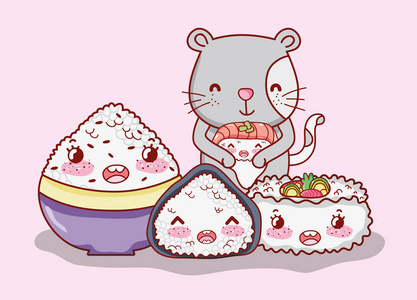 猫与日本食物卡瓦伊卡通矢量插图平面设计