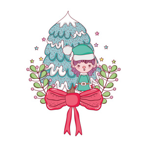 可爱的圣诞老人助手松树矢量插图设计