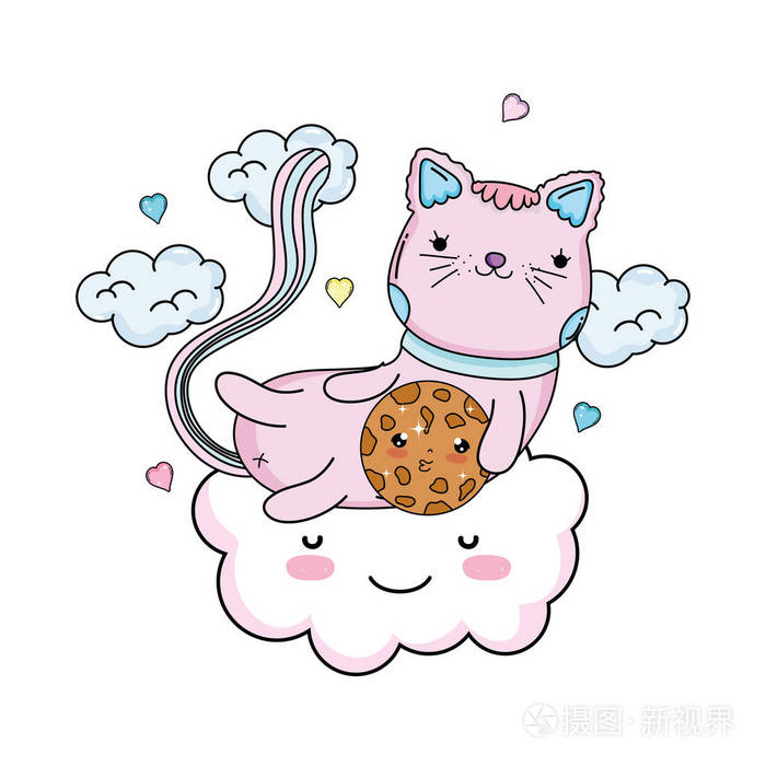 可爱的猫与饼干云矢量插图设计