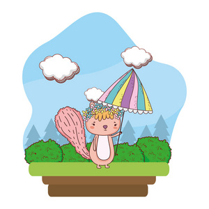 带伞的可爱小花栗鼠现场矢量插图设计