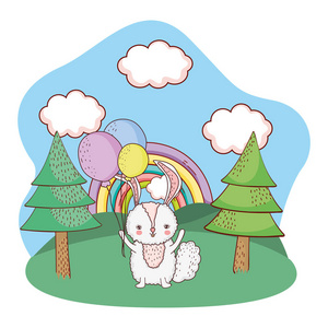 小兔子带气球氦在公园矢量插图设计