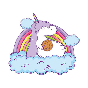 可爱的独角兽与云和彩虹卡瓦伊矢量插图设计